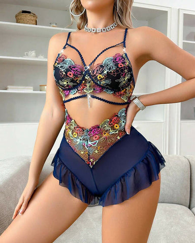 Sexy Plus Size Sheer Mesh Embroidered Lace Bodysuit Lingerie