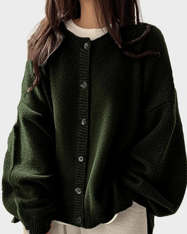 Relaxed Solid-Color Button-Front Knit Cardigan