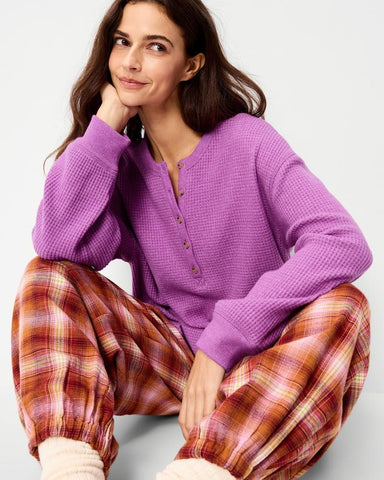 Women's Relaxed Waffle Knit Long Sleeve Henley Top