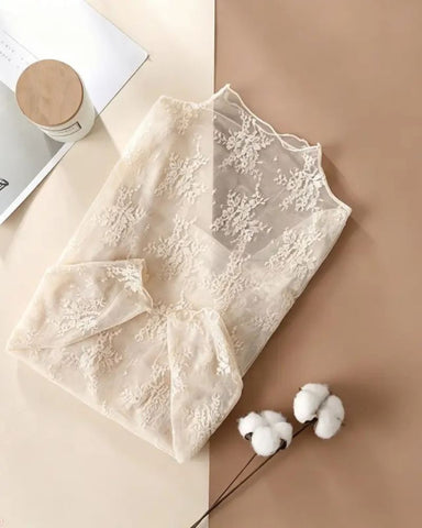 Floral Lace Mesh Long-Sleeve Layering Top