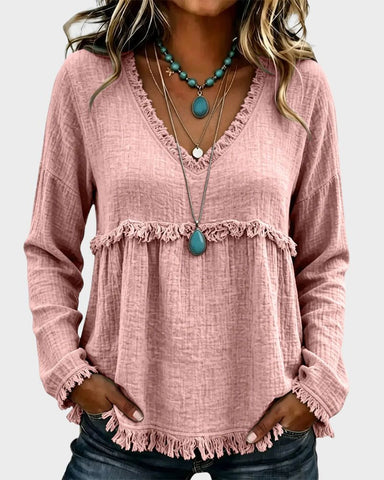Boho V-Neck Fringe Babydoll Blouse