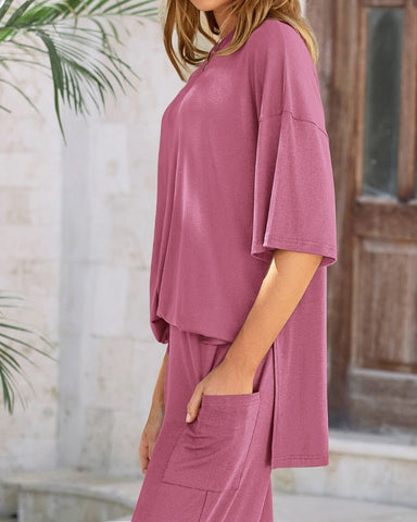 Relaxed Split-Hem Top & Wide-Leg Pants Set