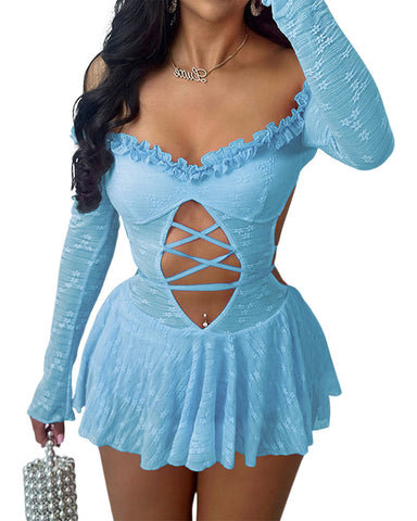 Sexy Off-Shoulder Lace Mini Dress – Backless Hollow-Out Solid Color Design