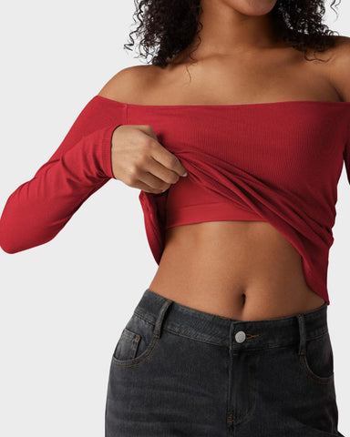 Ribbed Off-Shoulder Built-In Bra Long Sleeve Top