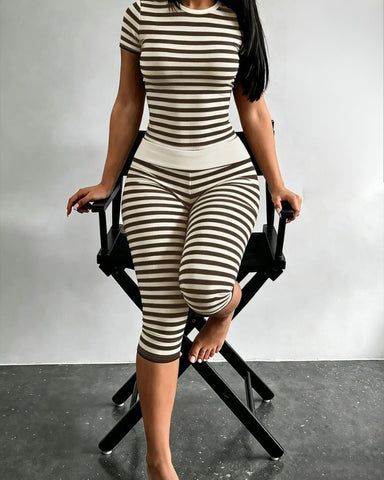 Striped Two-Piece Crop Top & Capri Leggings Set