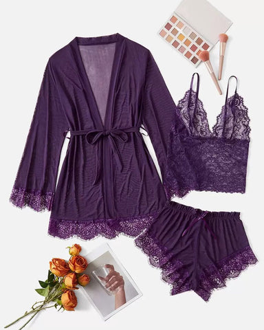 3-Piece Lace Sleepwear Set for Women – Cami, Shorts & Robe