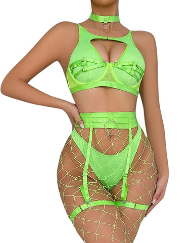 Push Up Bondaged with Underwire Garter Belt Lingerie Set for Women Bra and Panty 5 Piece