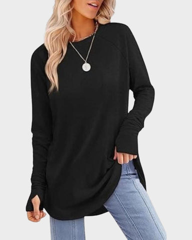 Long Sleeve Thumbhole Tunic Top with Curved Hem
