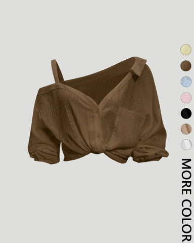 Asymmetric Cold-Shoulder Button-Down Blouse