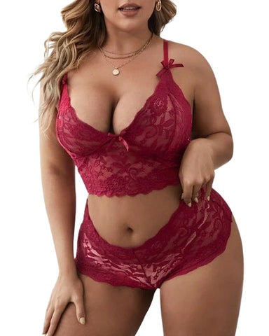 Plus Size Lace Embroidered Mesh Lingerie Set – Sexy See-Through Sleepwear