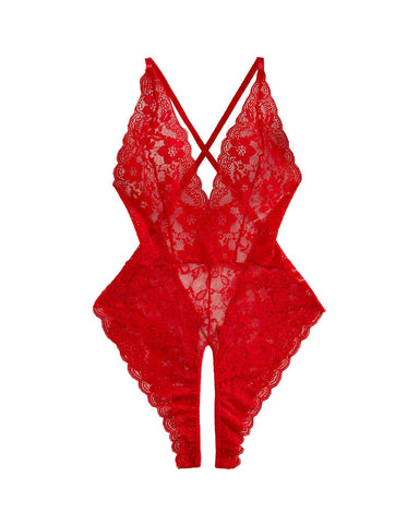 Valentine’s Day Sexy Lace Bodysuit with Heart Rhinestone & Criss-Cross Back
