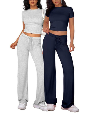 Women's Plain Shortsleeve Top & Drawstring Pants Loungewear Set