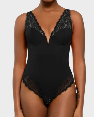 Deep-V Lace Tummy Control Shaping Bodysuit