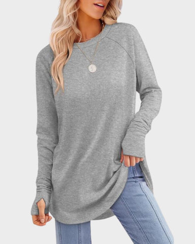 Long Sleeve Thumbhole Tunic Top with Curved Hem