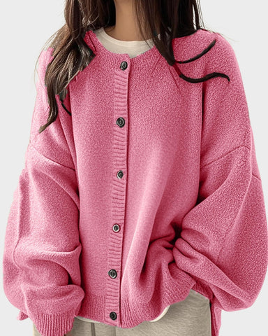 Relaxed Solid-Color Button-Front Knit Cardigan