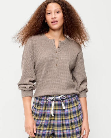 Women's Relaxed Waffle Knit Long Sleeve Henley Top