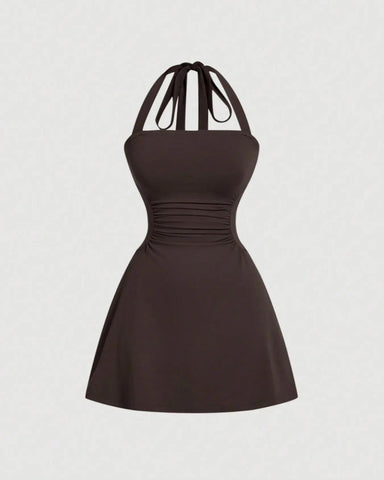 Ruched Tie-Back Halter A-Line Dress