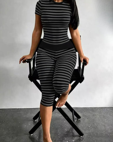 Striped Two-Piece Crop Top & Capri Leggings Set