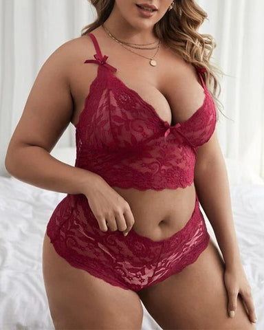 Plus Size Lace Embroidered Mesh Lingerie Set – Sexy See-Through Sleepwear