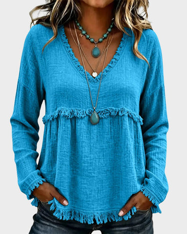 Boho V-Neck Fringe Babydoll Blouse