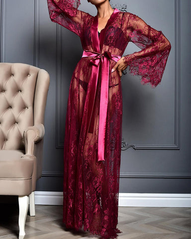 Sexy lace mesh see-through long robes