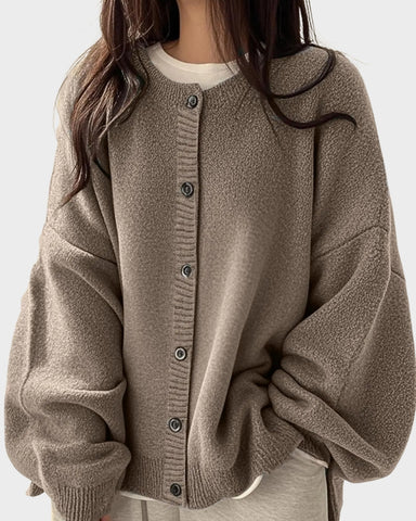 Relaxed Solid-Color Button-Front Knit Cardigan