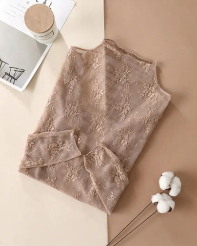 Floral Lace Mesh Long-Sleeve Layering Top