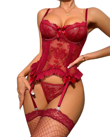 Women Sexy Lingerie Set Floral Lace Bodysuit