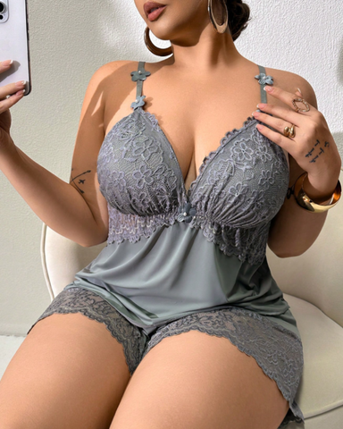 Plus Size Lace Satin Cami Pajama Set – Sexy Two-Piece Sleepwear for Women