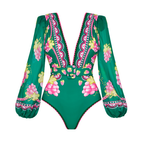 Shapecurve® Long-sleeved Retro Green Grapes Print One Piece Swimsuit and Skirt