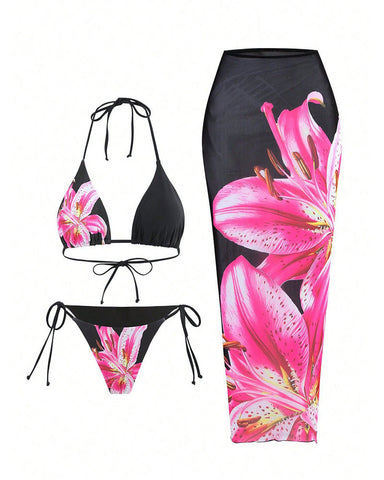 Women's Halter Triangle Bikini Sets Floral 3 Piece Swimsuit Bathing Suit Cover Up Long Skirt