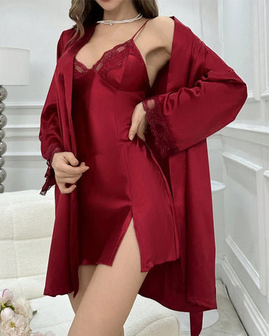 Satin Deep V Lingerie Set – Sexy Nightdress with Robe