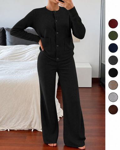 Round-Neck Knit Cardigan & Wide-Leg Pants Set