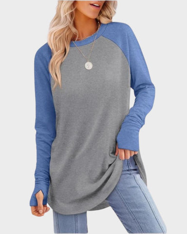 Long Sleeve Thumbhole Tunic Top with Curved Hem