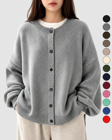Relaxed Solid-Color Button-Front Knit Cardigan