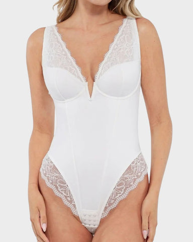 Deep-V Lace Tummy Control Shaping Bodysuit