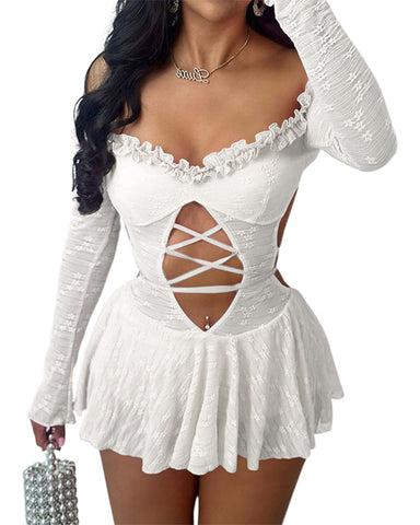 Sexy Off-Shoulder Lace Mini Dress – Backless Hollow-Out Solid Color Design
