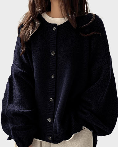Relaxed Solid-Color Button-Front Knit Cardigan
