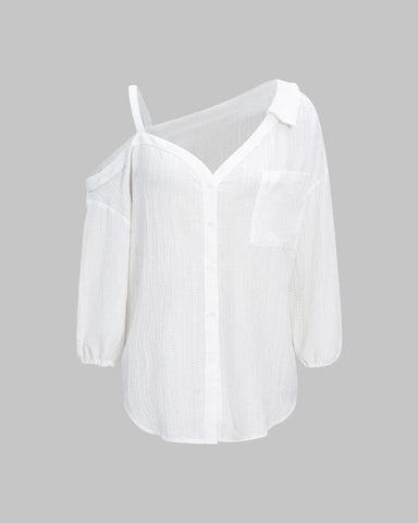 Asymmetric Cold-Shoulder Button-Down Blouse