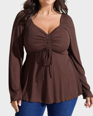 Plus Size Ribbed Drawstring Babydoll Flare-Sleeve Top