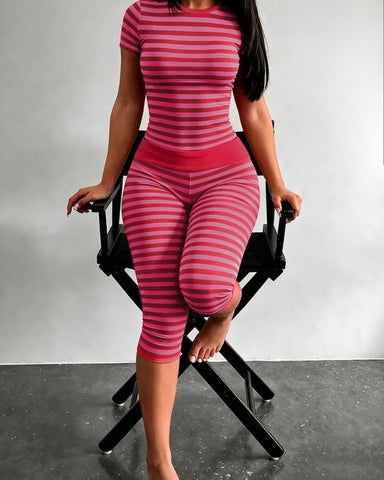 Striped Two-Piece Crop Top & Capri Leggings Set