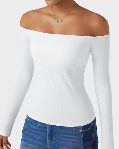 Ribbed Off-Shoulder Built-In Bra Long Sleeve Top
