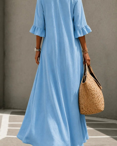 Boho Aesthetic Solid V-Neck A-Line Maxi Dress