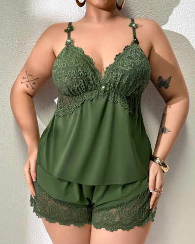 Plus Size Lace Satin Cami Pajama Set – Sexy Two-Piece Sleepwear for Women
