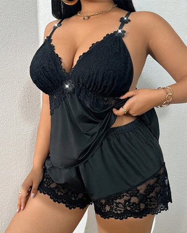 Plus Size Lace Satin Cami Pajama Set – Sexy Two-Piece Sleepwear for Women