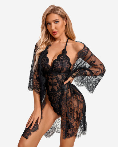 Sexy 2-Piece Lace Robe with Teddy Set