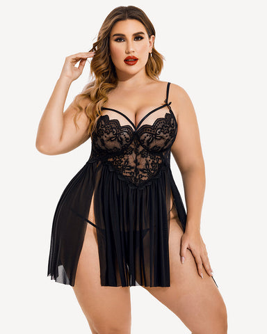Plus Size Sexy Mesh Babydoll with Side Slit