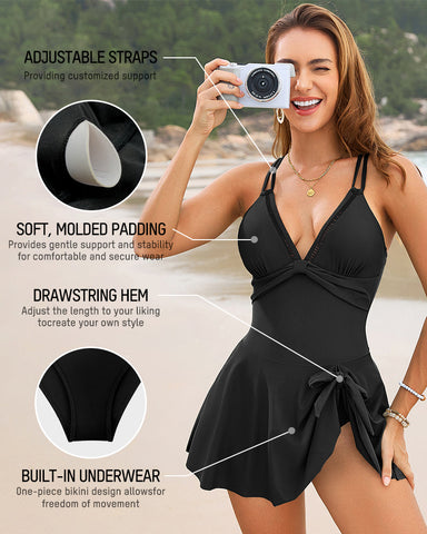 Adjustable Side-Slit V-Neck One-Piece Swimdress