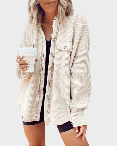 Oversized Batwing Waffle Knit Button-Down Shacket
