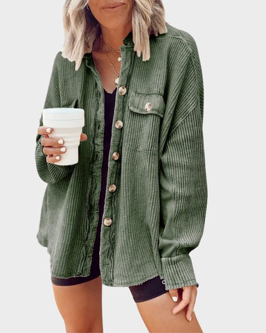 Oversized Batwing Waffle Knit Button-Down Shacket